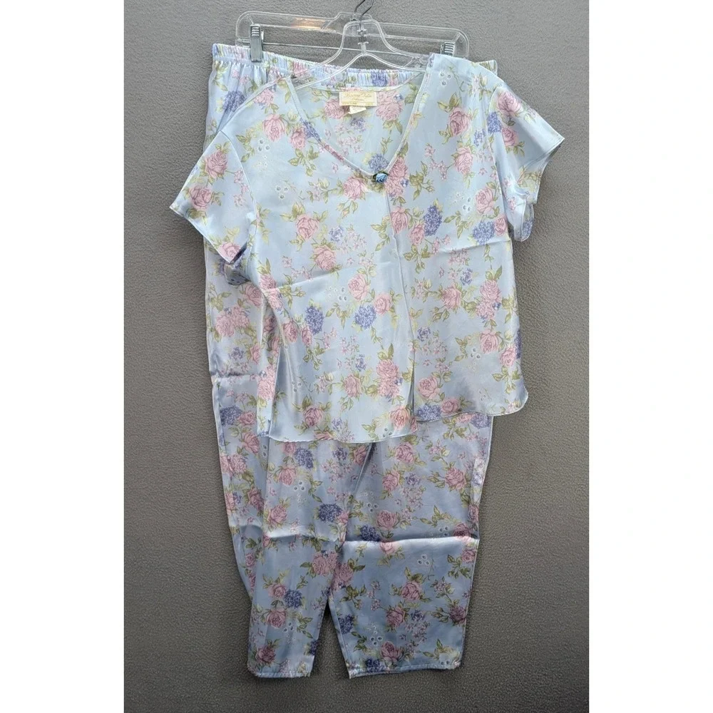 Kristine Tyler‎ Intimates Pajama Set Women's 3X Blue Floral Polyester Satin USA